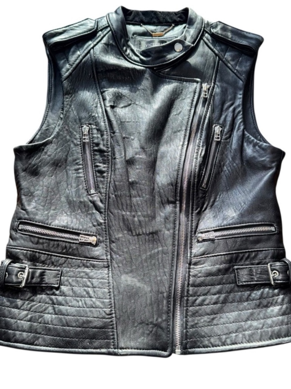 Victoria’s Secret black faux leather moto vest zip pockets women’s medium
